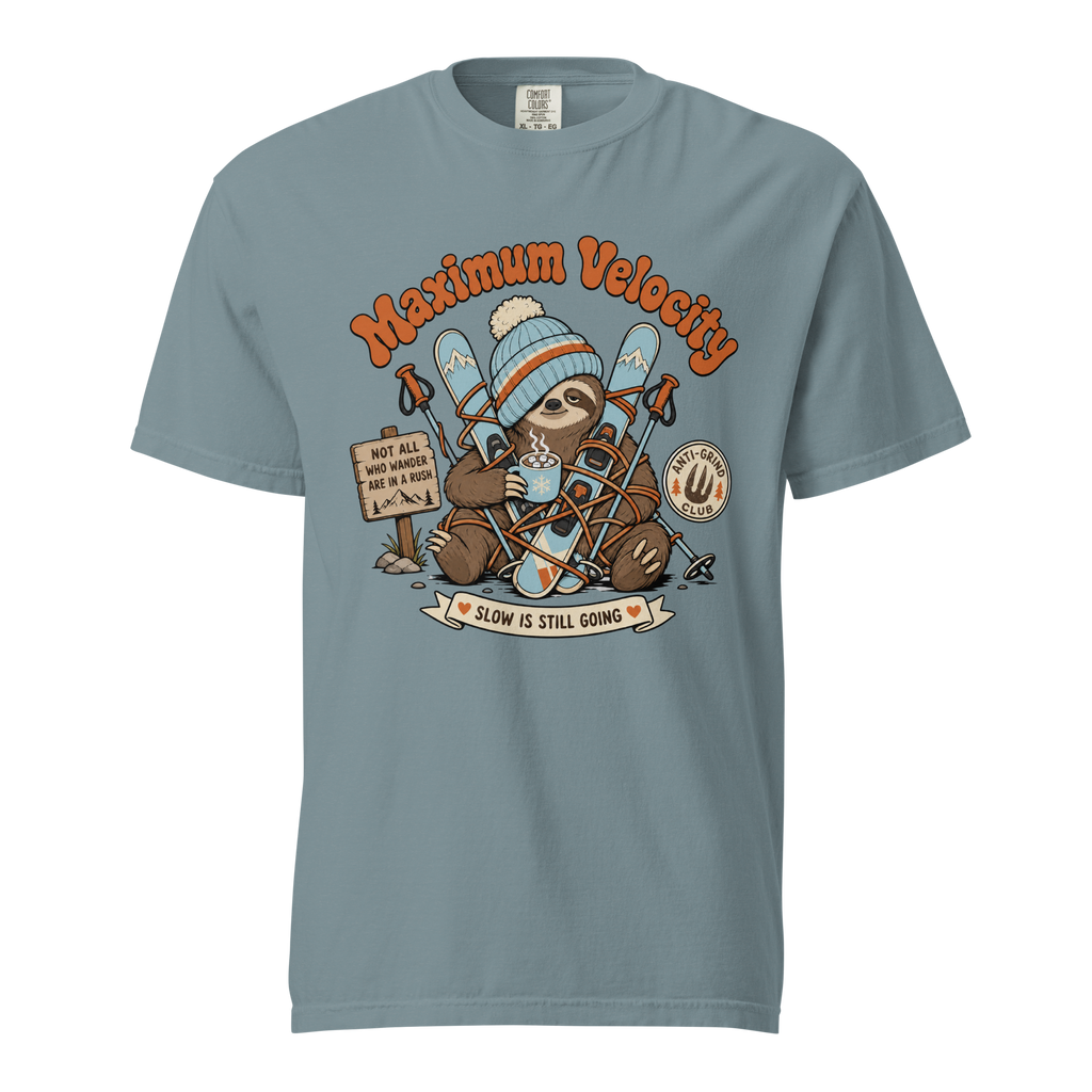 Ice blue colored t-shirt with a sloth graphic and 'Maximum Velocity' text on a white background