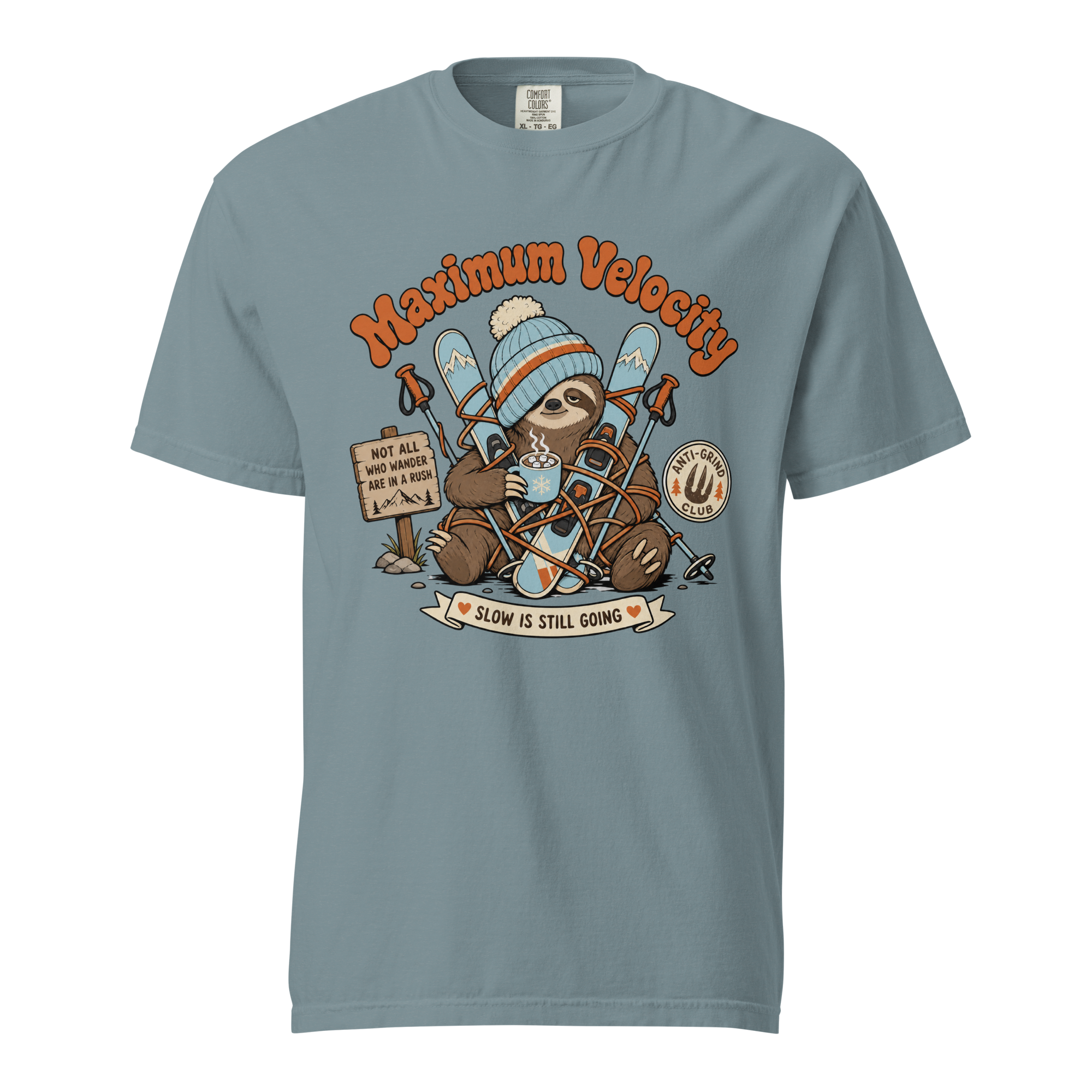 Ice blue colored t-shirt with a sloth graphic and 'Maximum Velocity' text on a white background