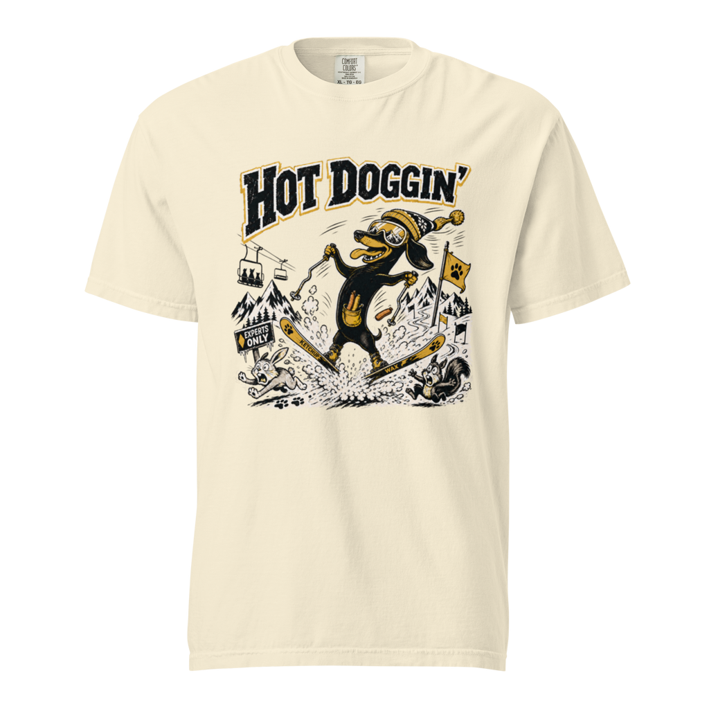 Beige t-shirt with a graphic design featuring a dog and text on a white background