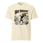 Beige t-shirt with a graphic design featuring a dog and text on a white background