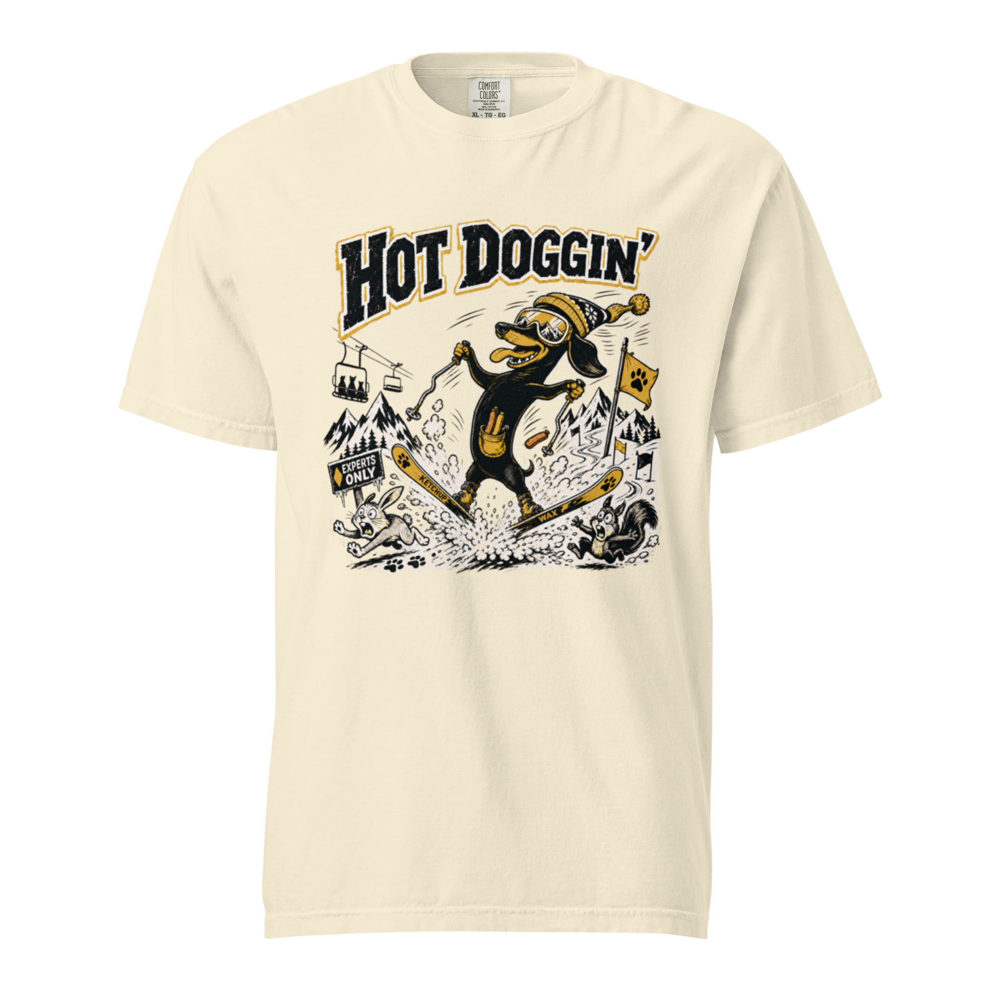 Beige t-shirt with a graphic design featuring a dog and text on a white background