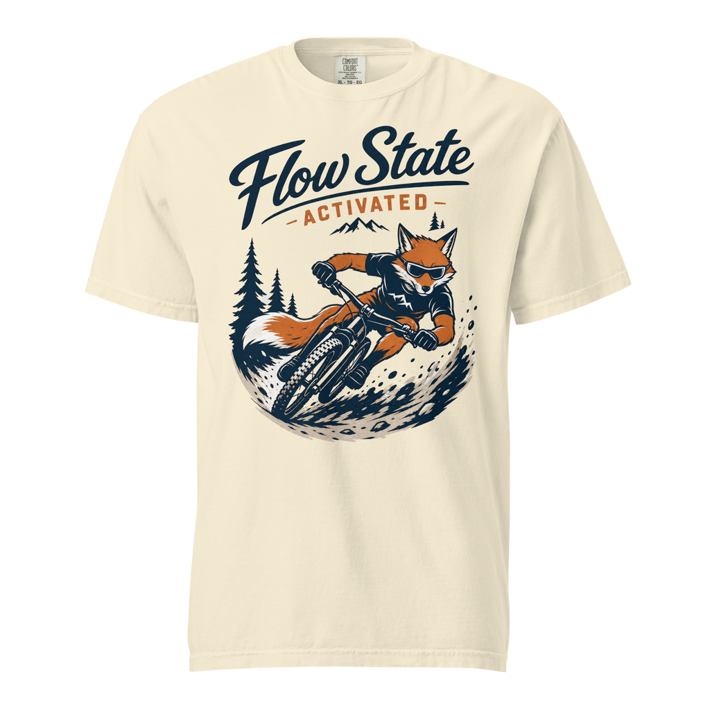 Beige t-shirt with a graphic of a fox riding a bike and 'Flow State Activated' text on a white background