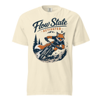 Beige t-shirt with a graphic of a fox riding a bike and 'Flow State Activated' text on a white background