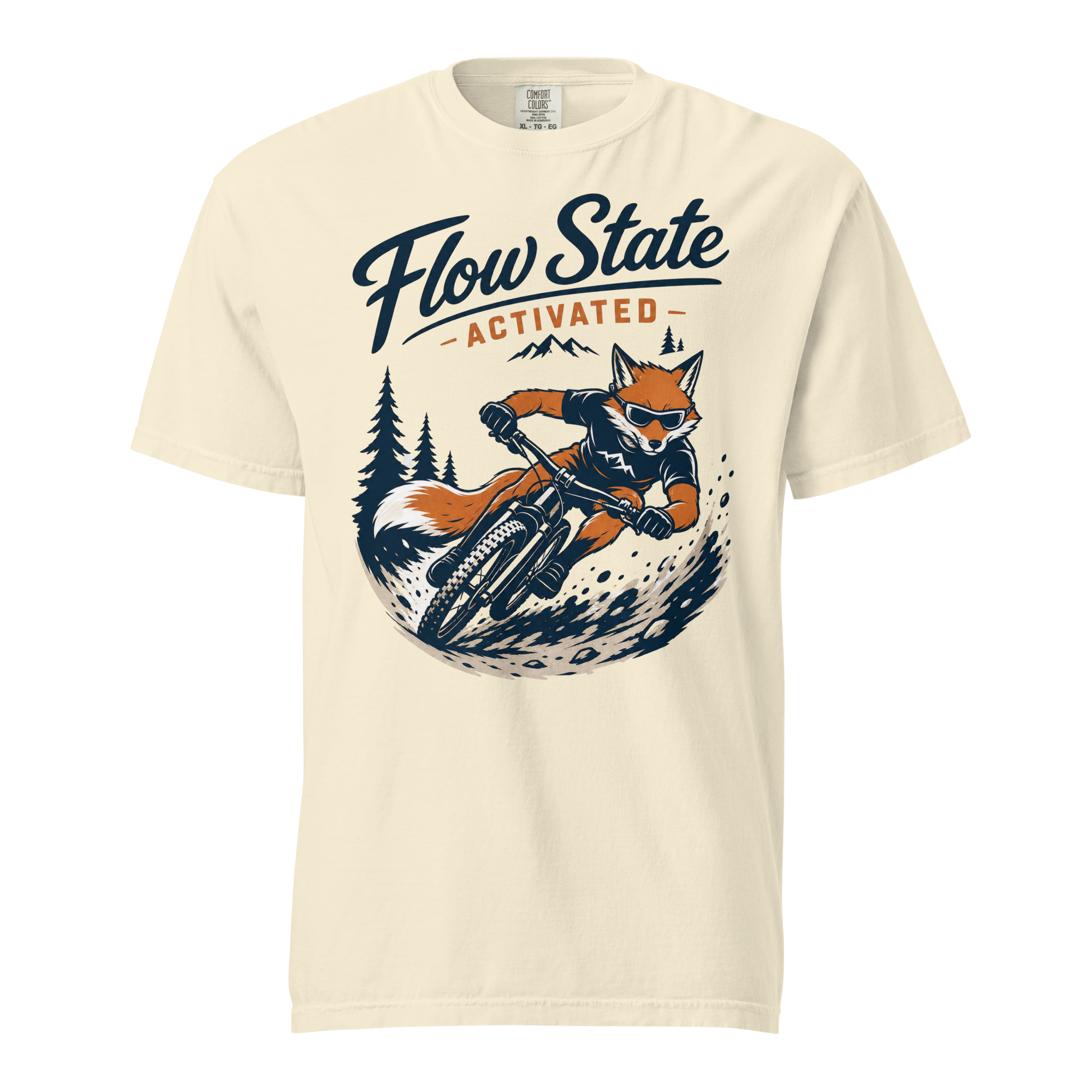 Beige t-shirt with a graphic of a fox riding a bike and 'Flow State Activated' text on a white background