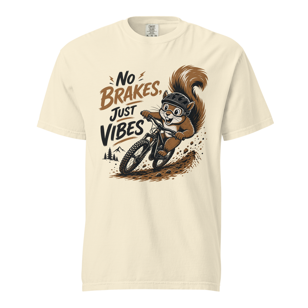 Beige t-shirt with a graphic of a squirrel riding a bike and text 'No Brakes, Just Vibes' on a white background.