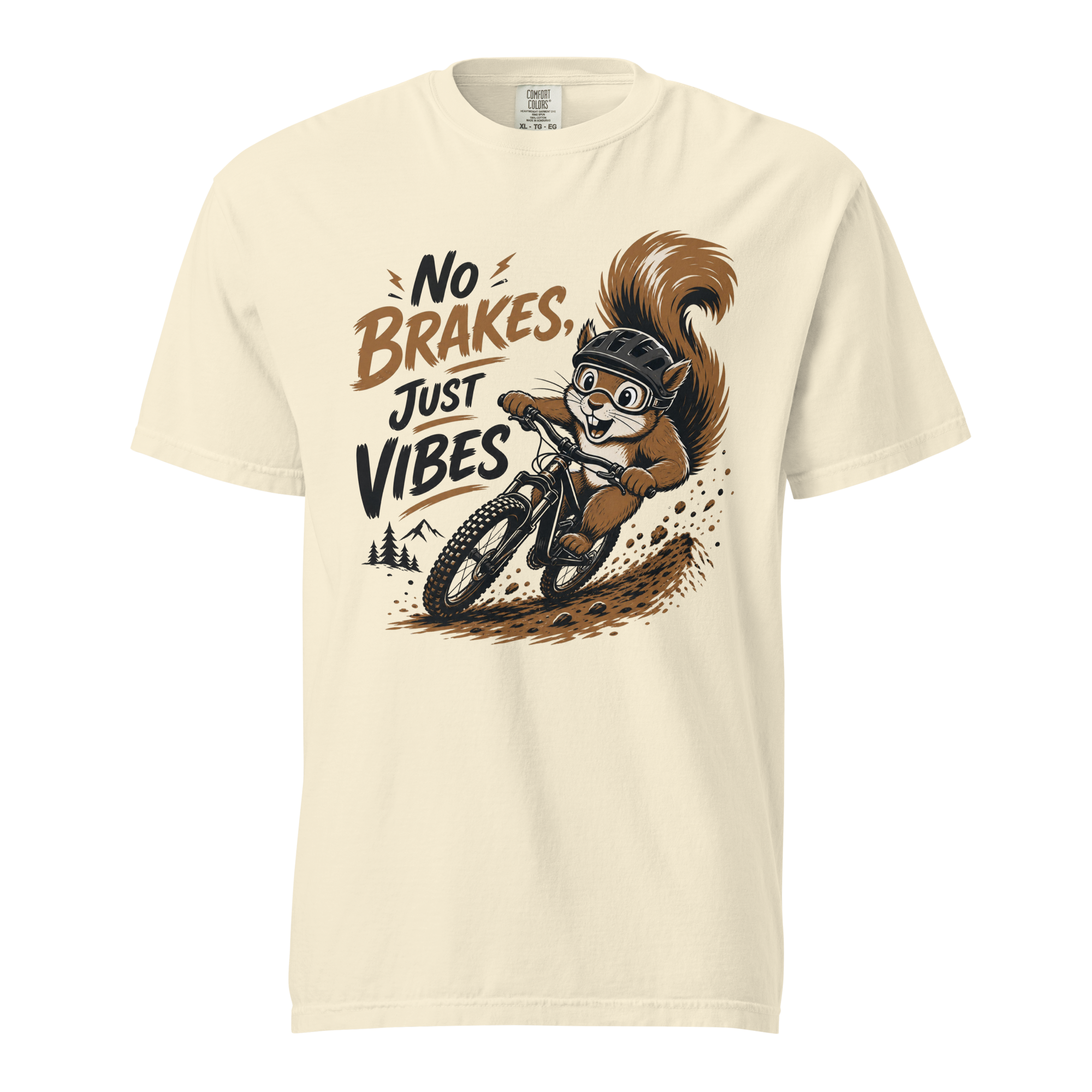 Beige t-shirt with a graphic of a squirrel riding a bike and text 'No Brakes, Just Vibes' on a white background.