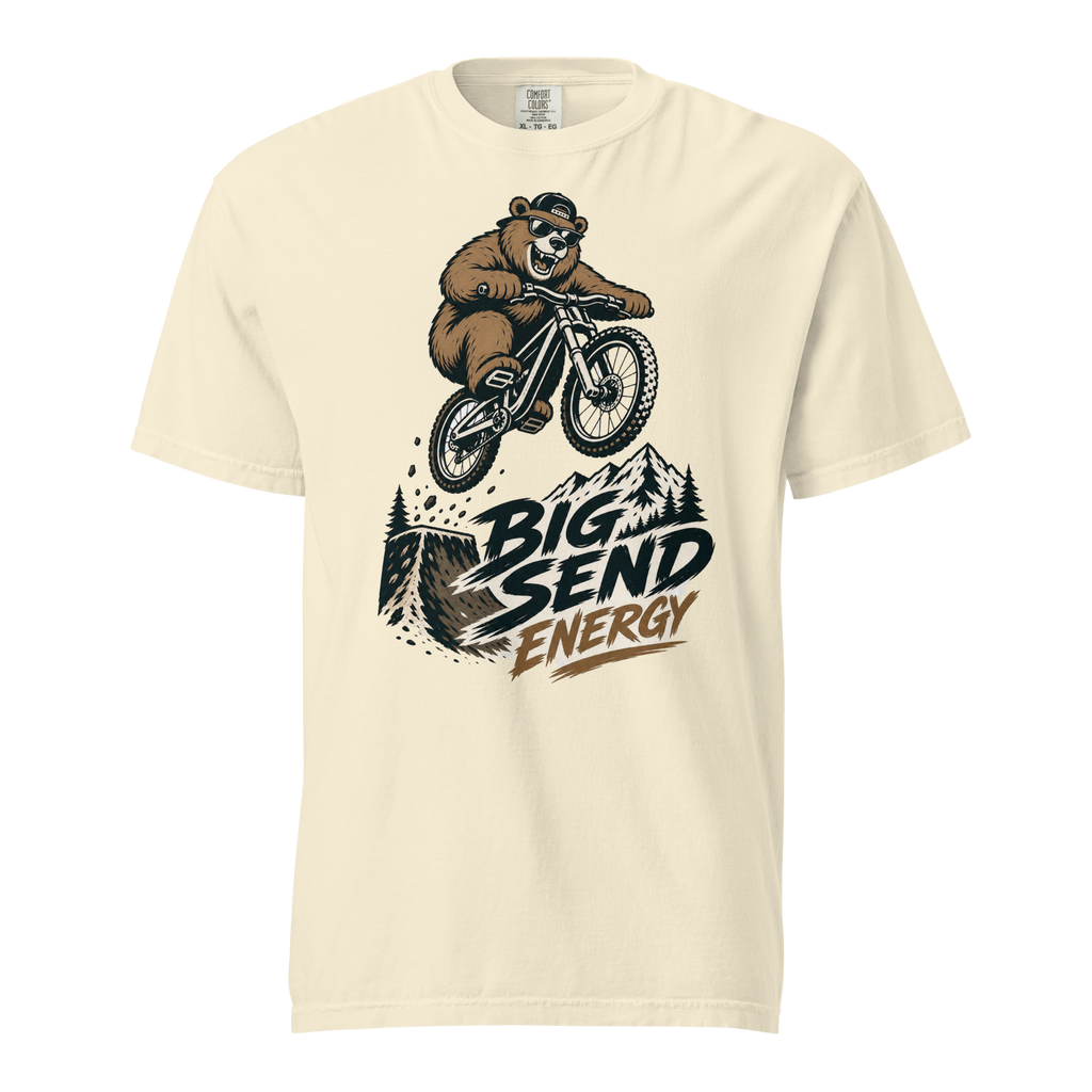 Ivory t-shirt with a bear riding a bike graphic and 'Big Send Energy' text on a white background