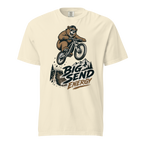 Ivory t-shirt with a bear riding a bike graphic and 'Big Send Energy' text on a white background