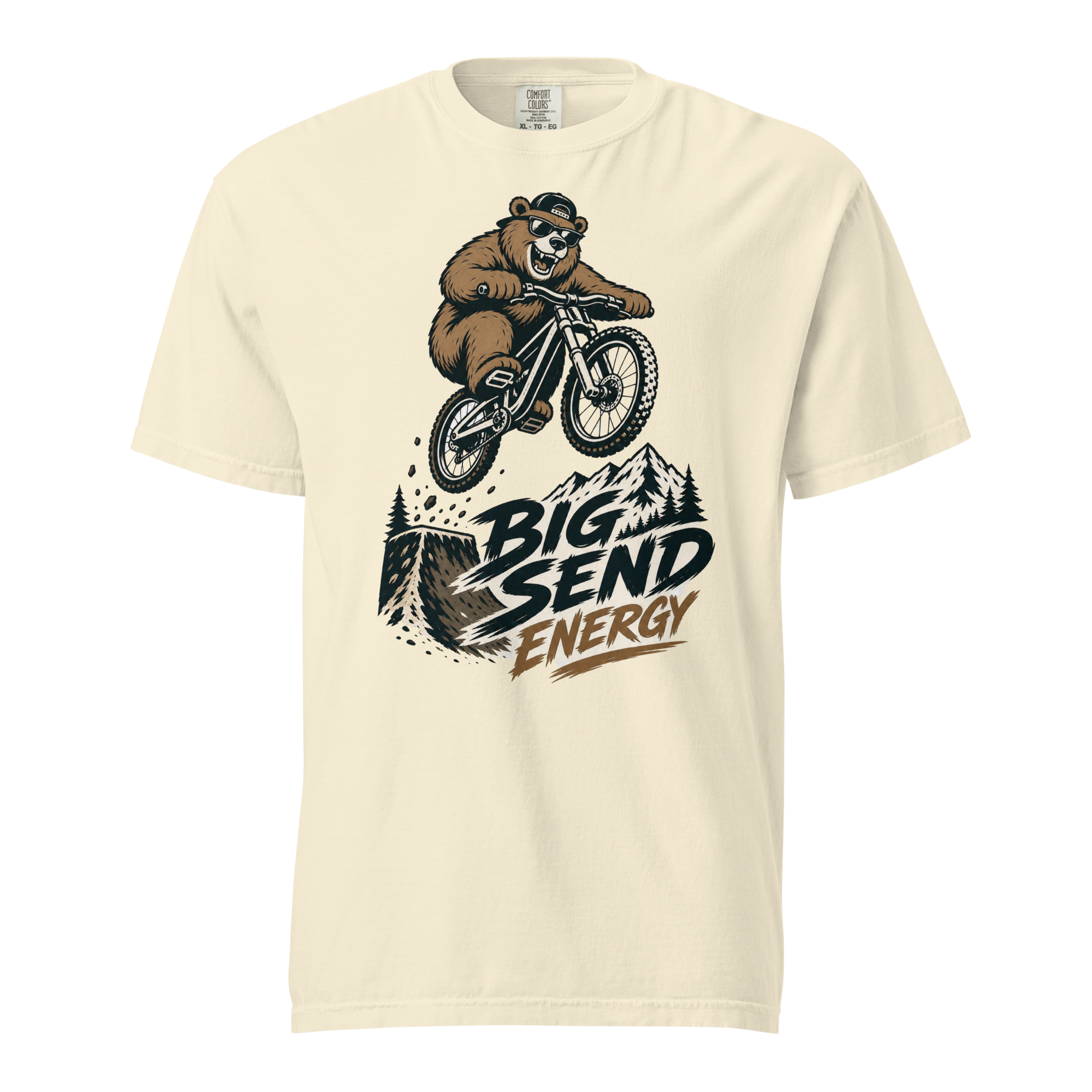 Ivory t-shirt with a bear riding a bike graphic and 'Big Send Energy' text on a white background