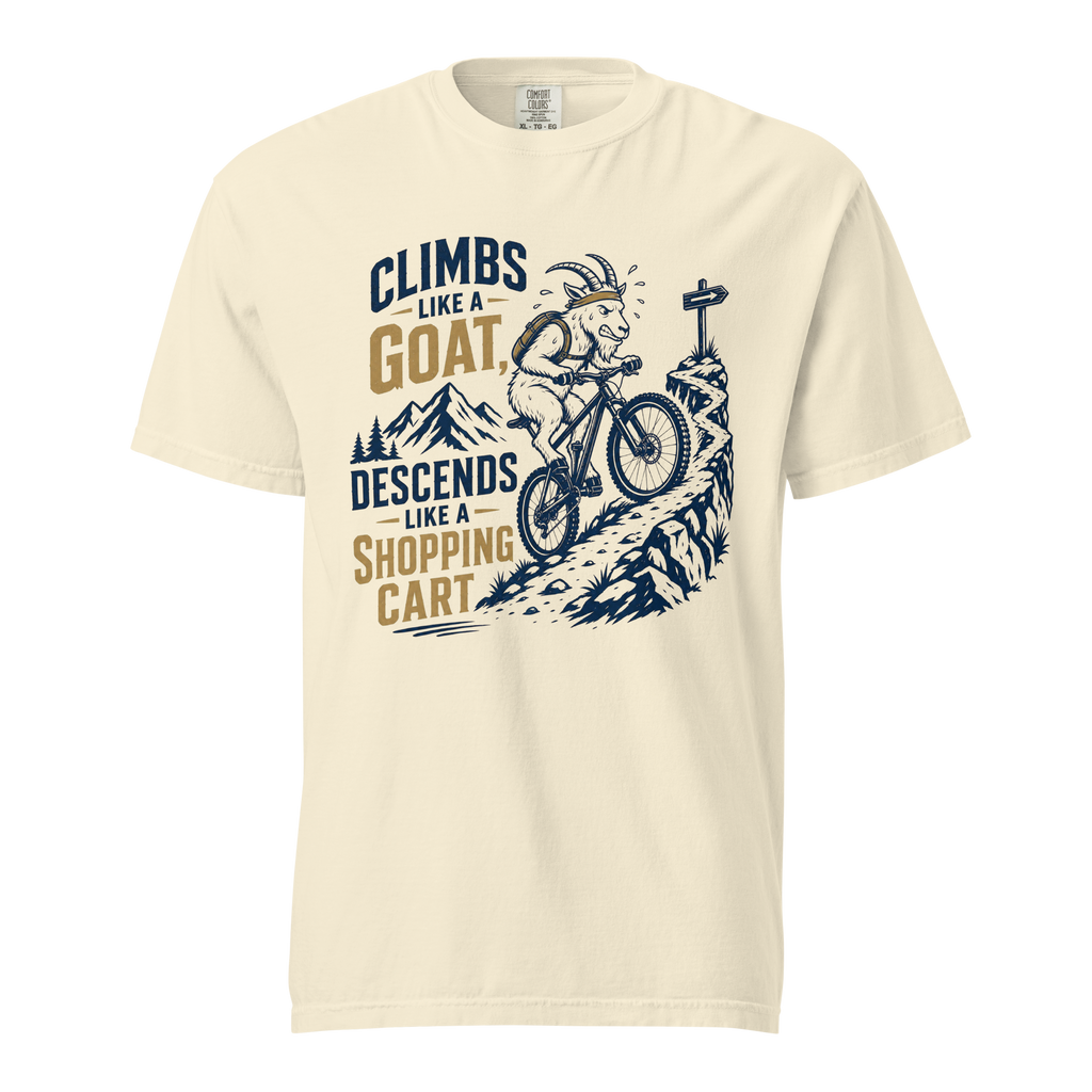 Ivory colored t-shirt with graphic design and text on a white background