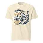 Ivory colored t-shirt with graphic design and text on a white background