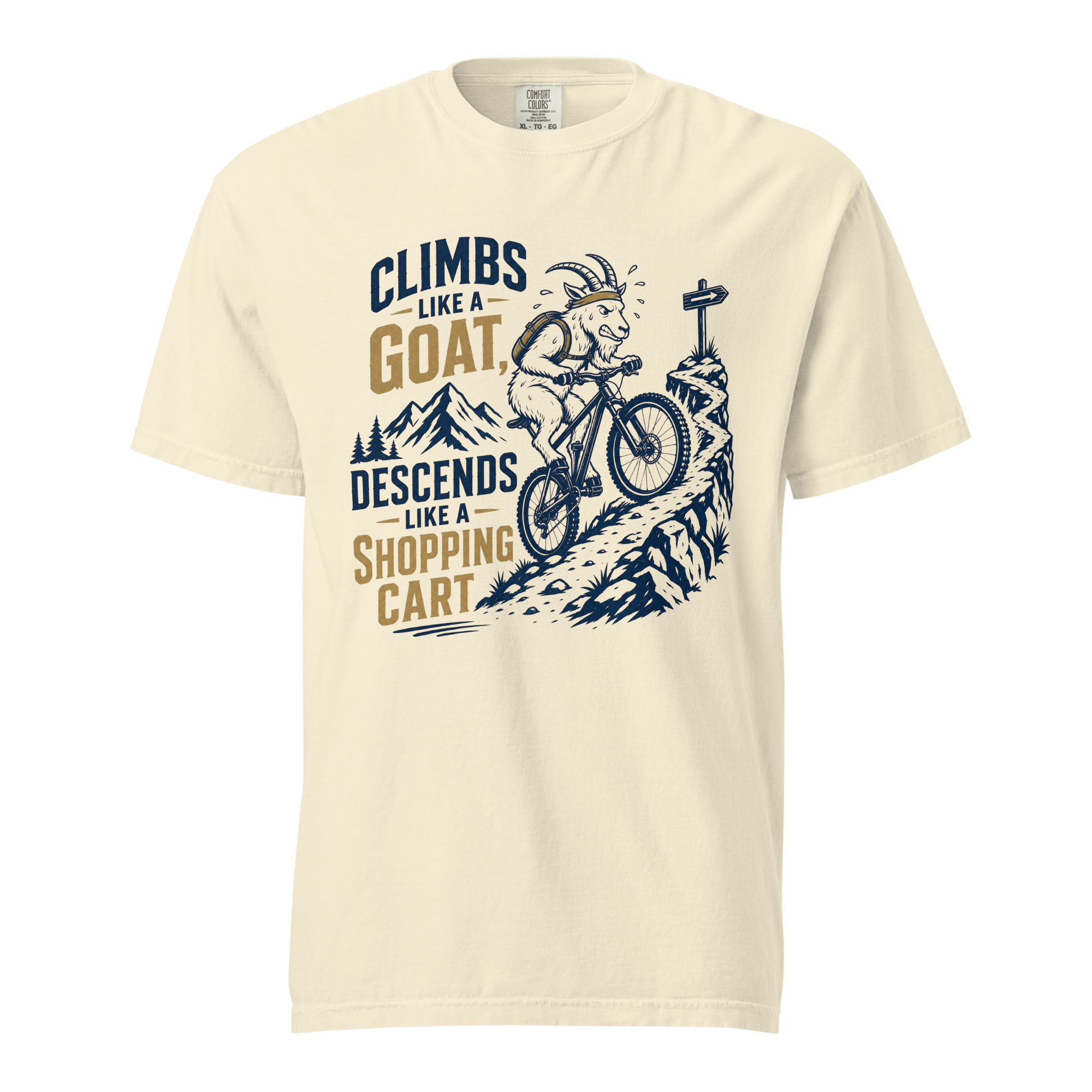 Ivory colored t-shirt with graphic design and text on a white background