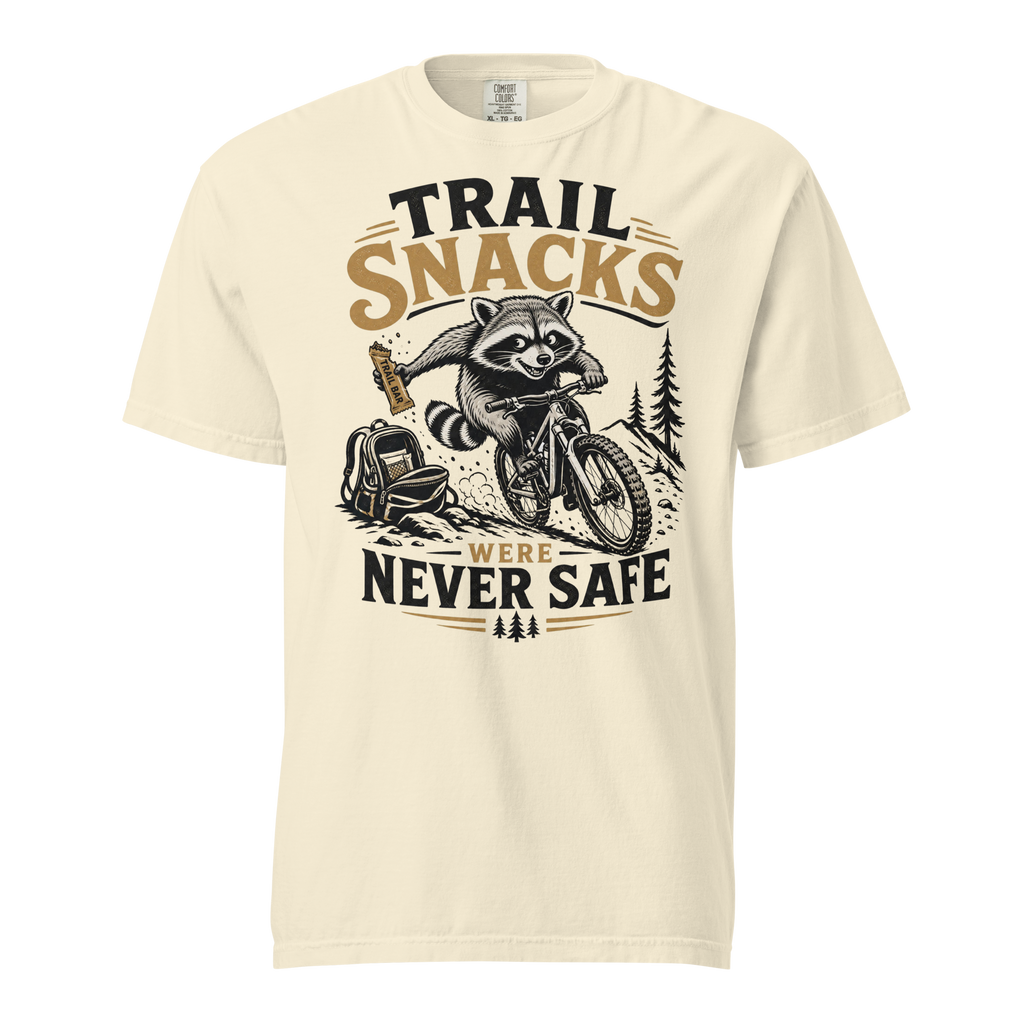 Ivory colored t-shirt with a raccoon graphic and text on a white background