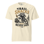 Ivory colored t-shirt with a raccoon graphic and text on a white background
