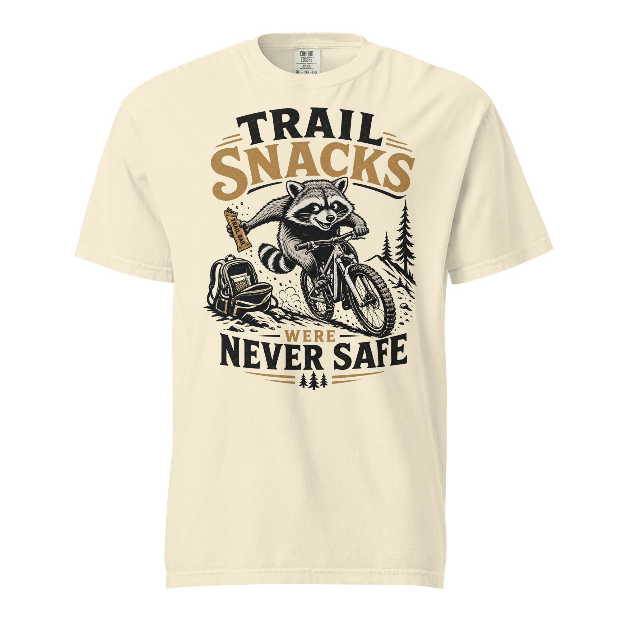 Ivory colored t-shirt with a raccoon graphic and text on a white background