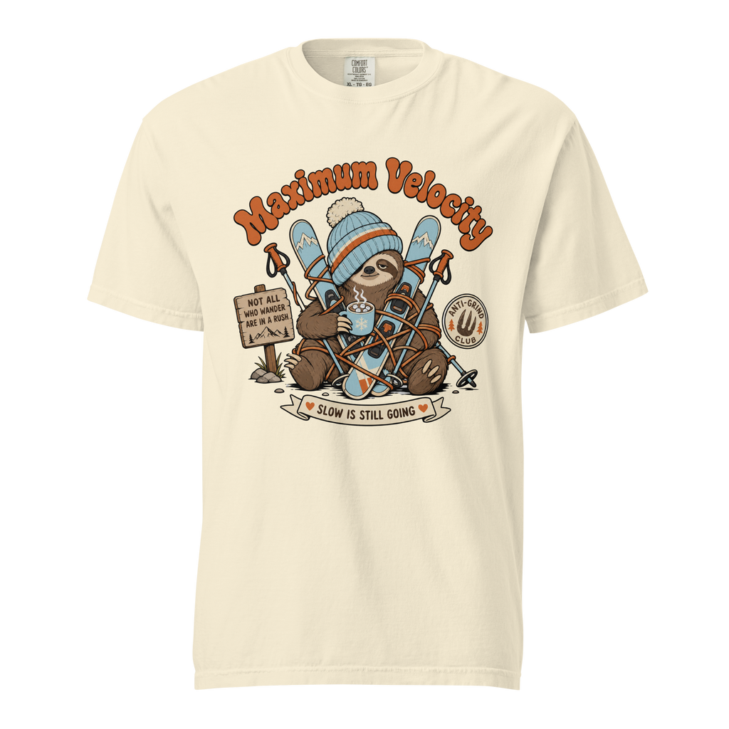Ivory colored t-shirt with a sloth graphic and 'Maximum Velocity' text on a white background