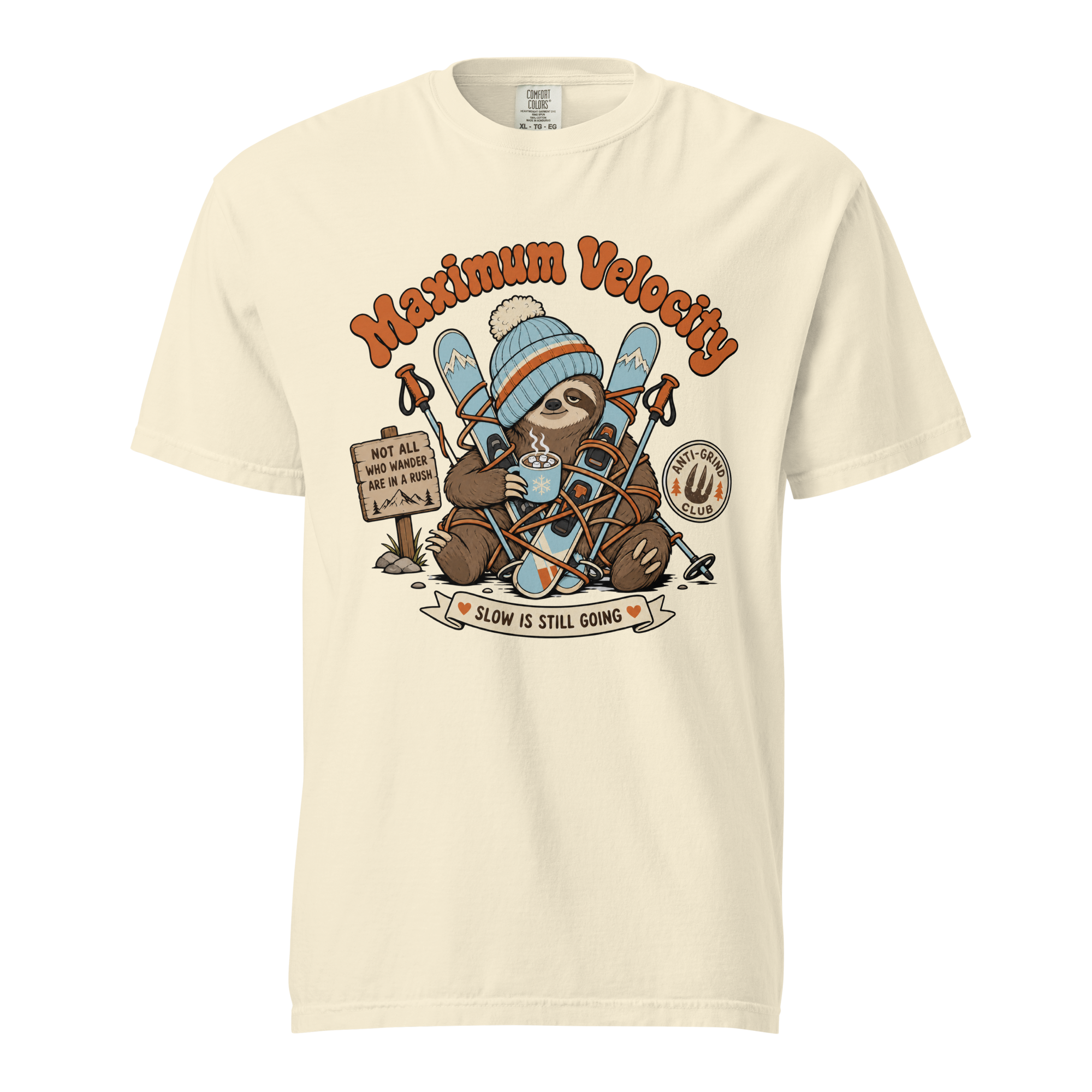 Ivory colored t-shirt with a sloth graphic and 'Maximum Velocity' text on a white background