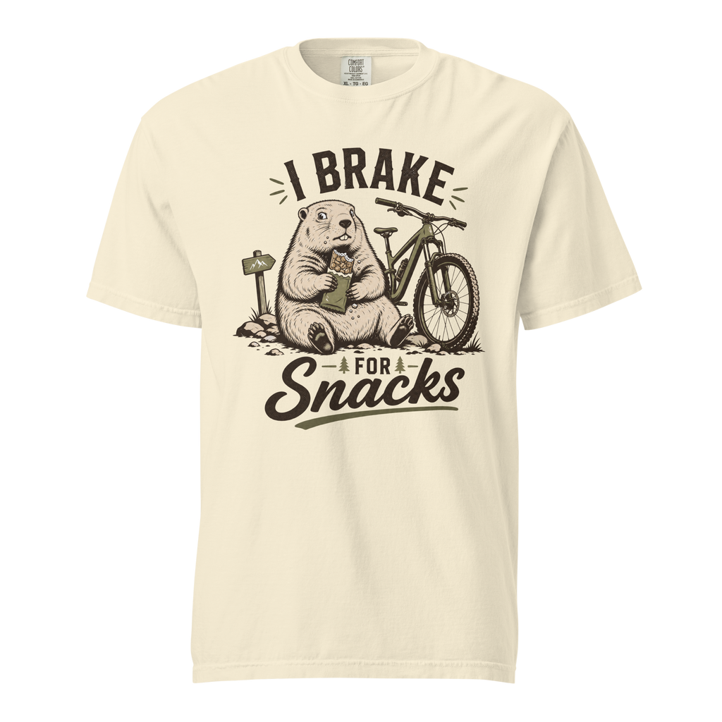 Ivory white colored t-shirt with 'I Brake For Snacks' text and a marmot eating a bar with a mountain bike on the side.