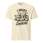 Ivory white colored t-shirt with 'I Brake For Snacks' text and a marmot eating a bar with a mountain bike on the side.