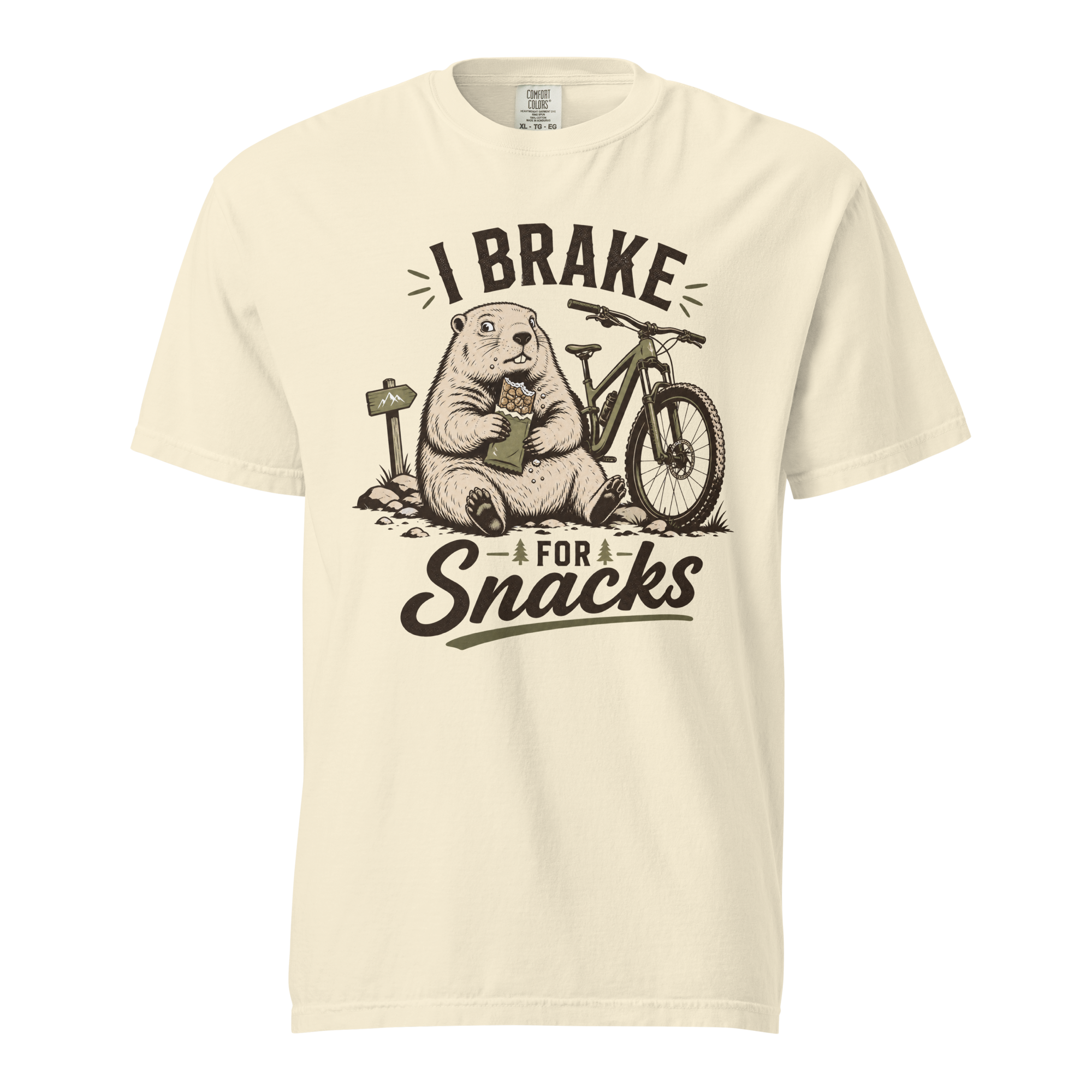 Ivory white colored t-shirt with 'I Brake For Snacks' text and a marmot eating a bar with a mountain bike on the side.