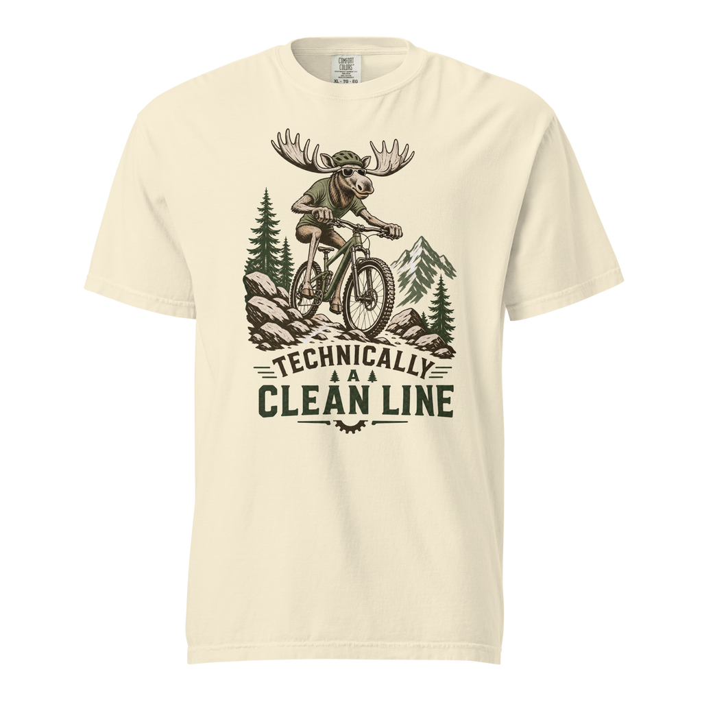 Ivory white t-shirt with a graphic of a moose riding a bike and text 'Technically A Clean Line'.