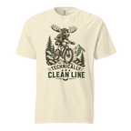 Ivory white t-shirt with a graphic of a moose riding a bike and text 'Technically A Clean Line'.