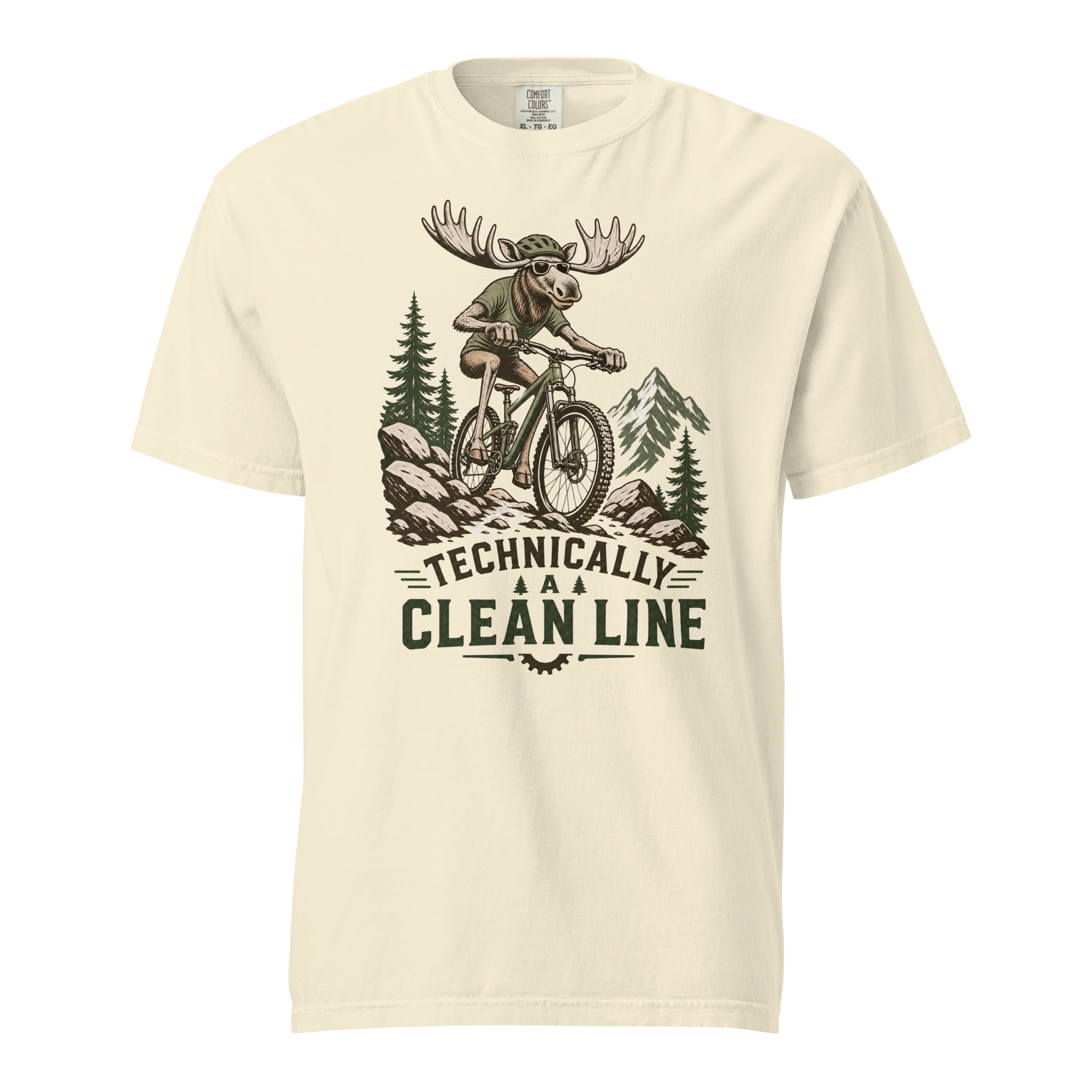 Ivory white t-shirt with a graphic of a moose riding a bike and text 'Technically A Clean Line'.