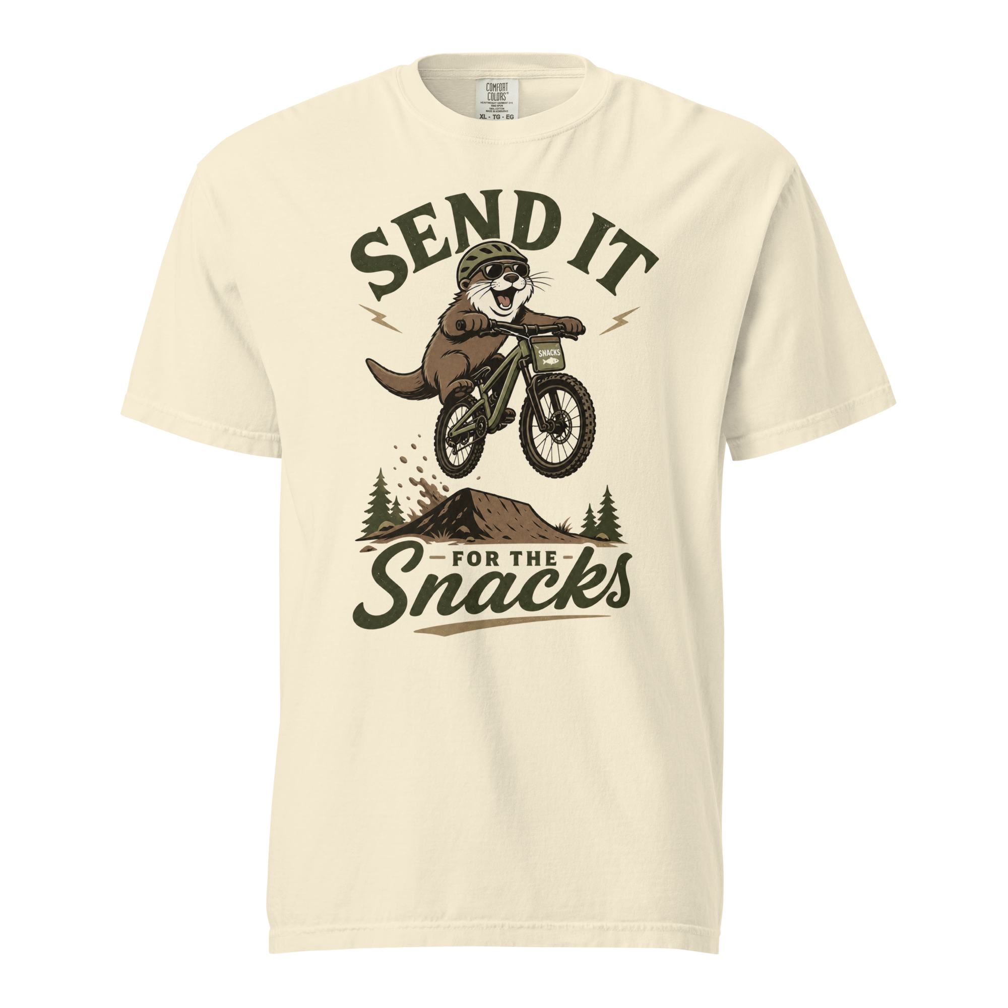 Ivory white t-shirt with graphic of an otter on a bike and text 'Send it for the snacks'.
