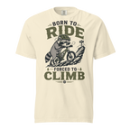 Ivory white t-shirt with a graphic of a raccoon riding a bike and text 'Born to Ride, Forced to Climb'.