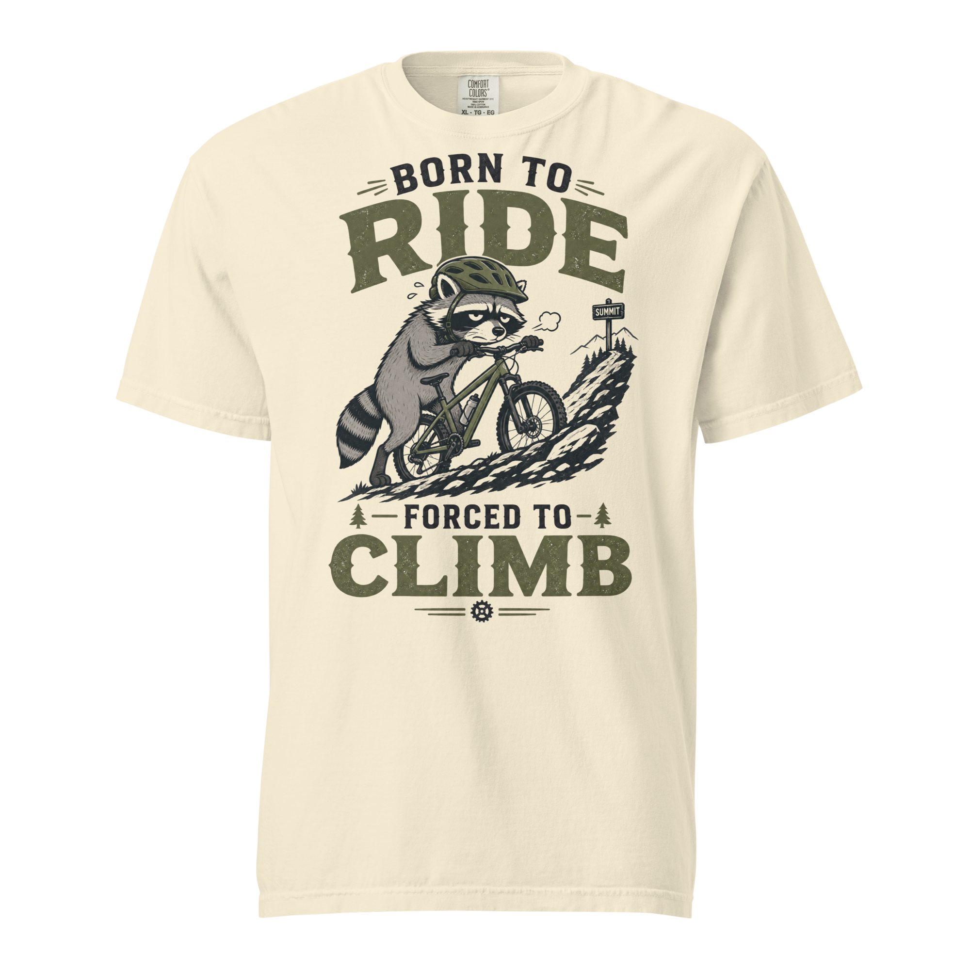Ivory white t-shirt with a graphic of a raccoon riding a bike and text 'Born to Ride, Forced to Climb'.