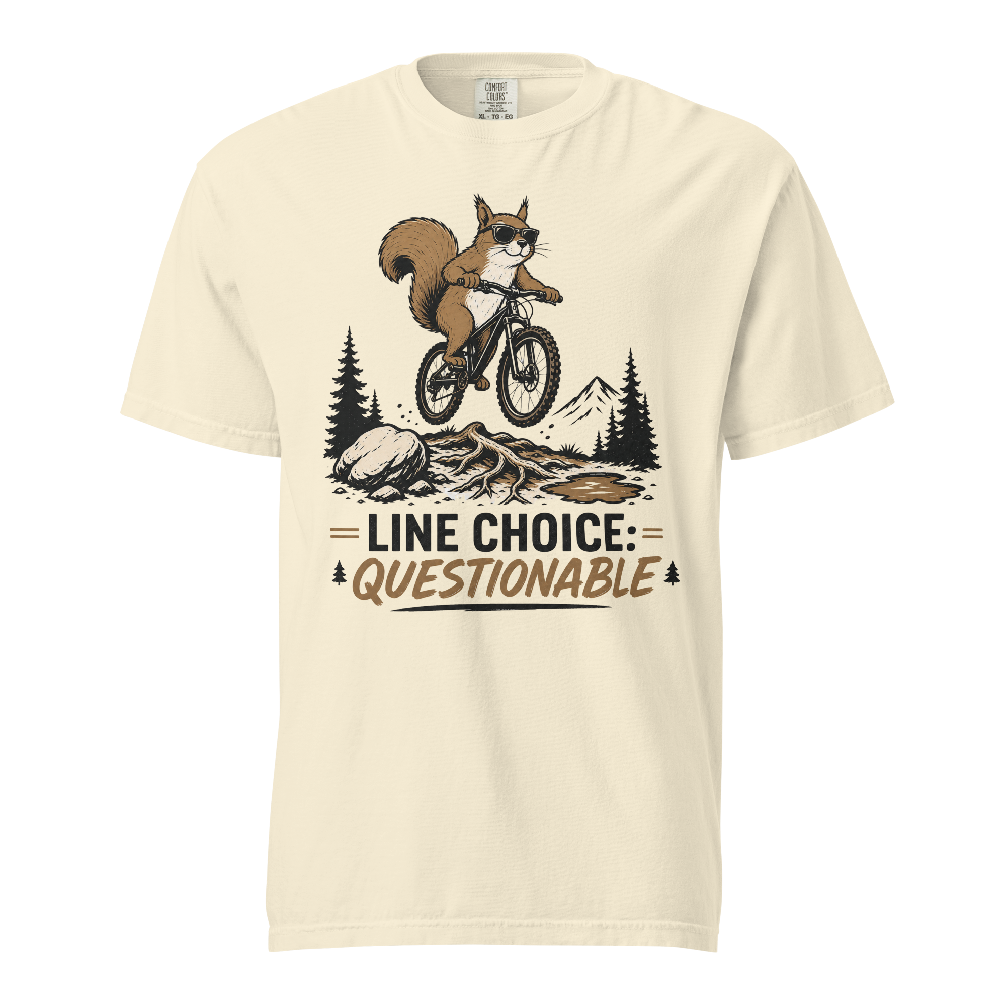 Ivory white t-shirt with a graphic of a squirrel on a bike and text 'Line Choice: Questionable'.