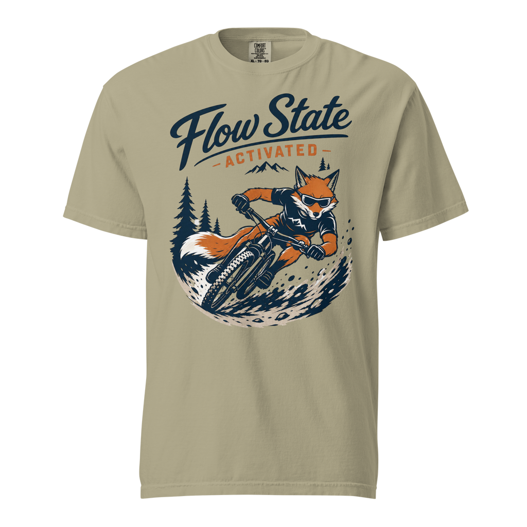 Beige t-shirt with a graphic of a fox riding a mountain bike and 'Flow State Activated' text on a white background.