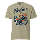 Beige t-shirt with a graphic of a fox riding a mountain bike and 'Flow State Activated' text on a white background.