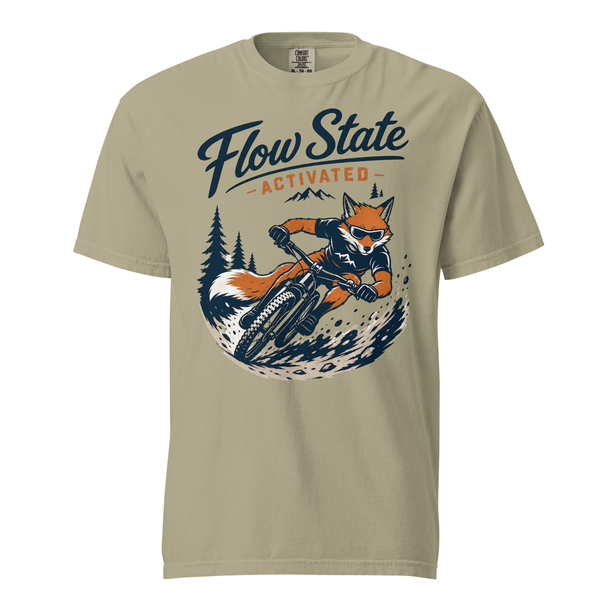 Beige t-shirt with a graphic of a fox riding a mountain bike and 'Flow State Activated' text on a white background.