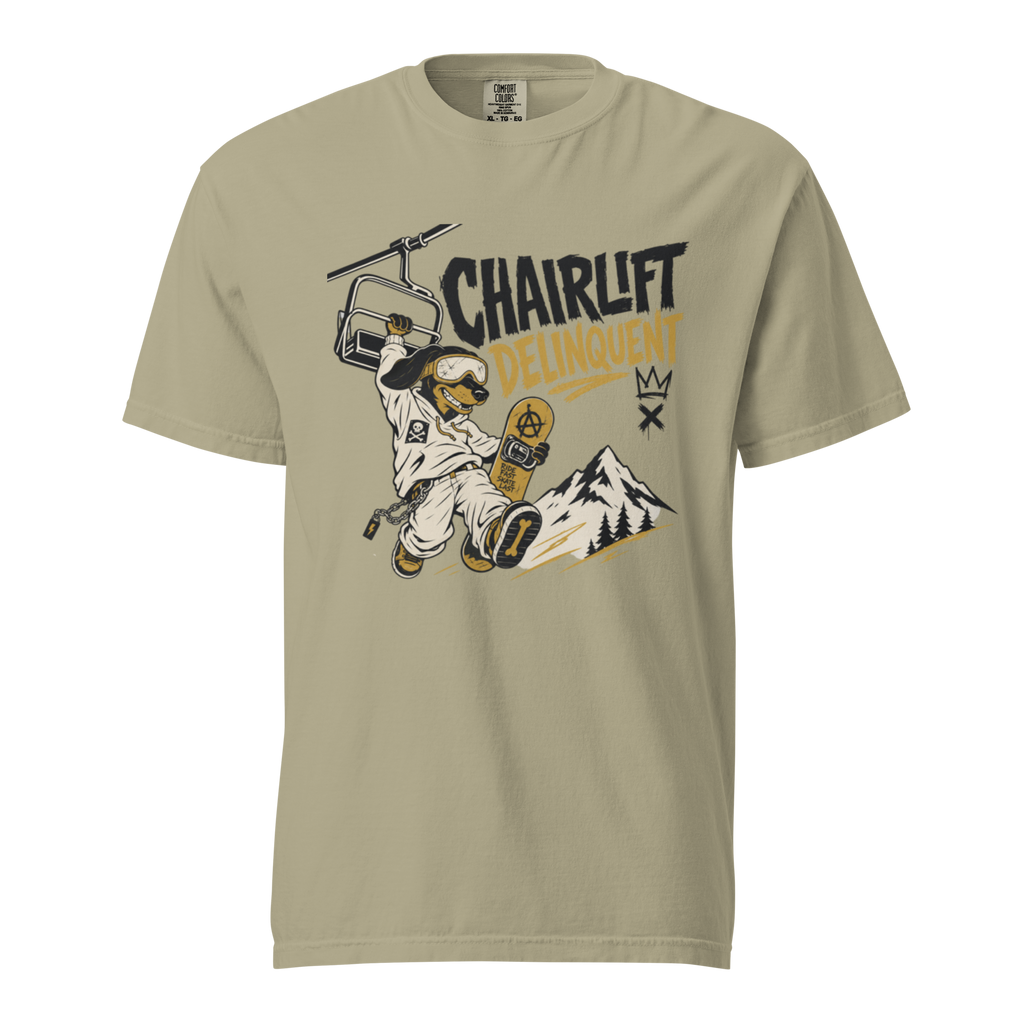Khaki colored t-shirt with a graphic of a snowboarder and 'Chairlift Delinquent' text on a white background