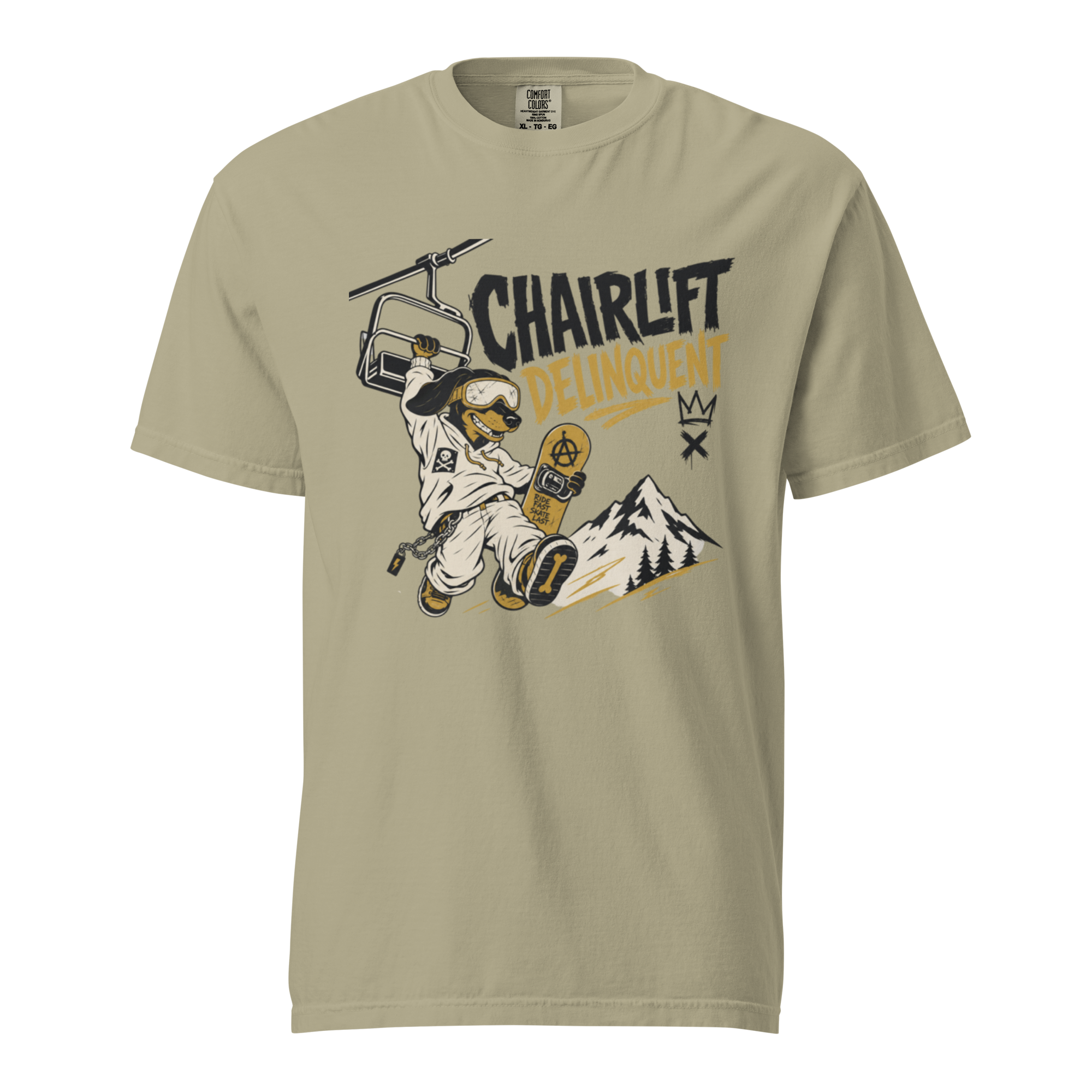Khaki colored t-shirt with a graphic of a snowboarder and 'Chairlift Delinquent' text on a white background
