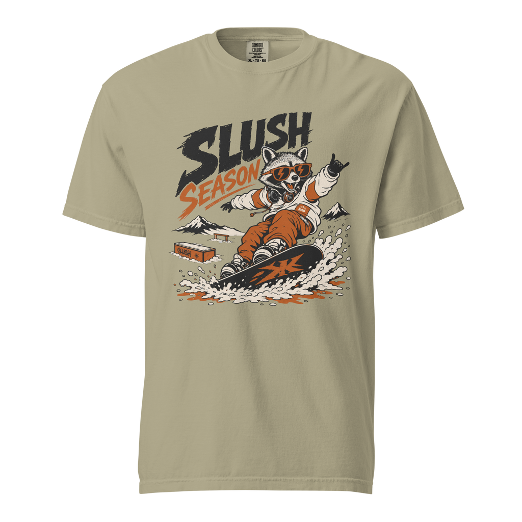 Khaki t-shirt with a graphic of a raccoon snowboarding and 'Slush Season' text on a white background