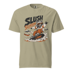 Khaki t-shirt with a graphic of a raccoon snowboarding and 'Slush Season' text on a white background