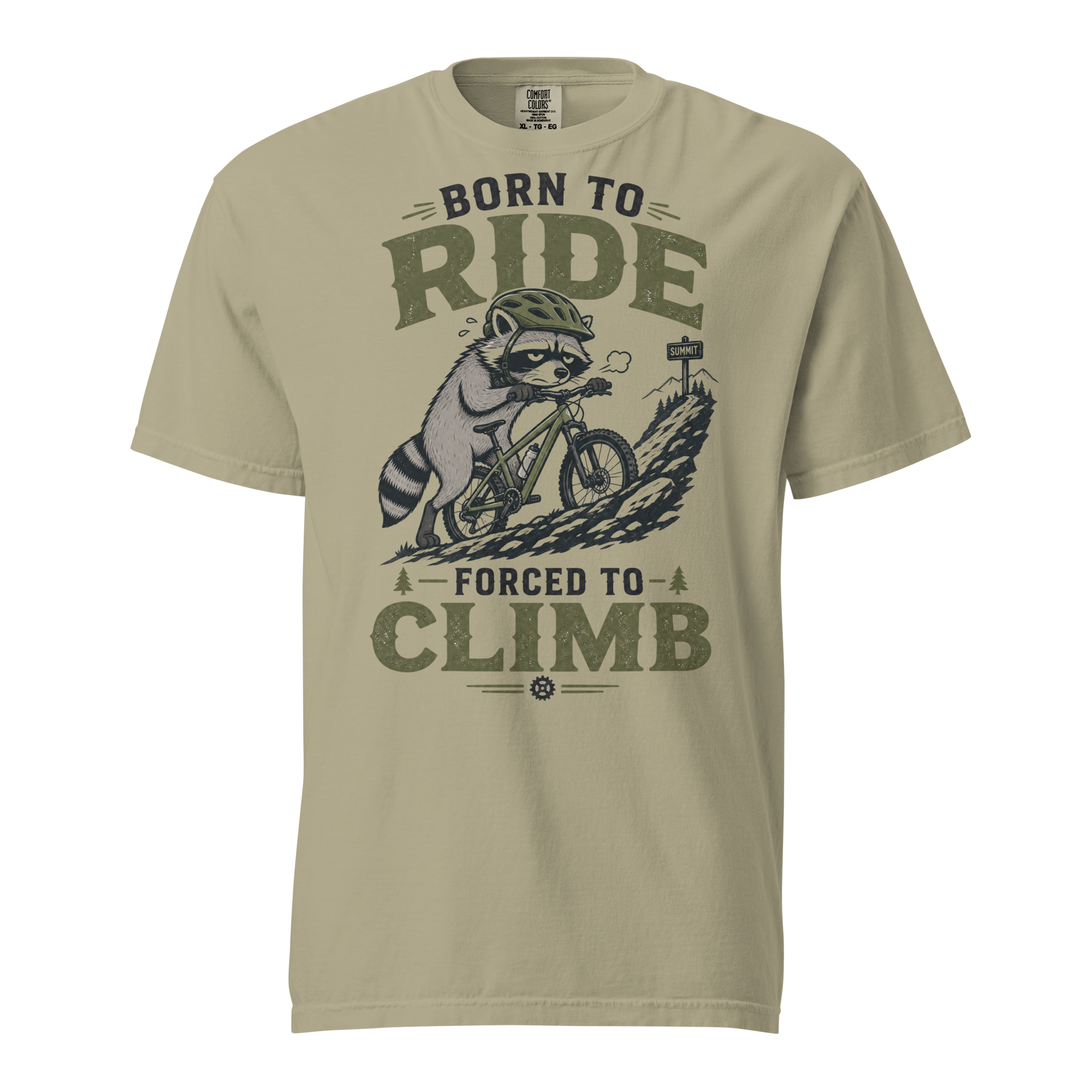 Khaki colored t-shirt with a graphic of a raccoon riding a bike and text 'Born to Ride, Forced to Climb'.