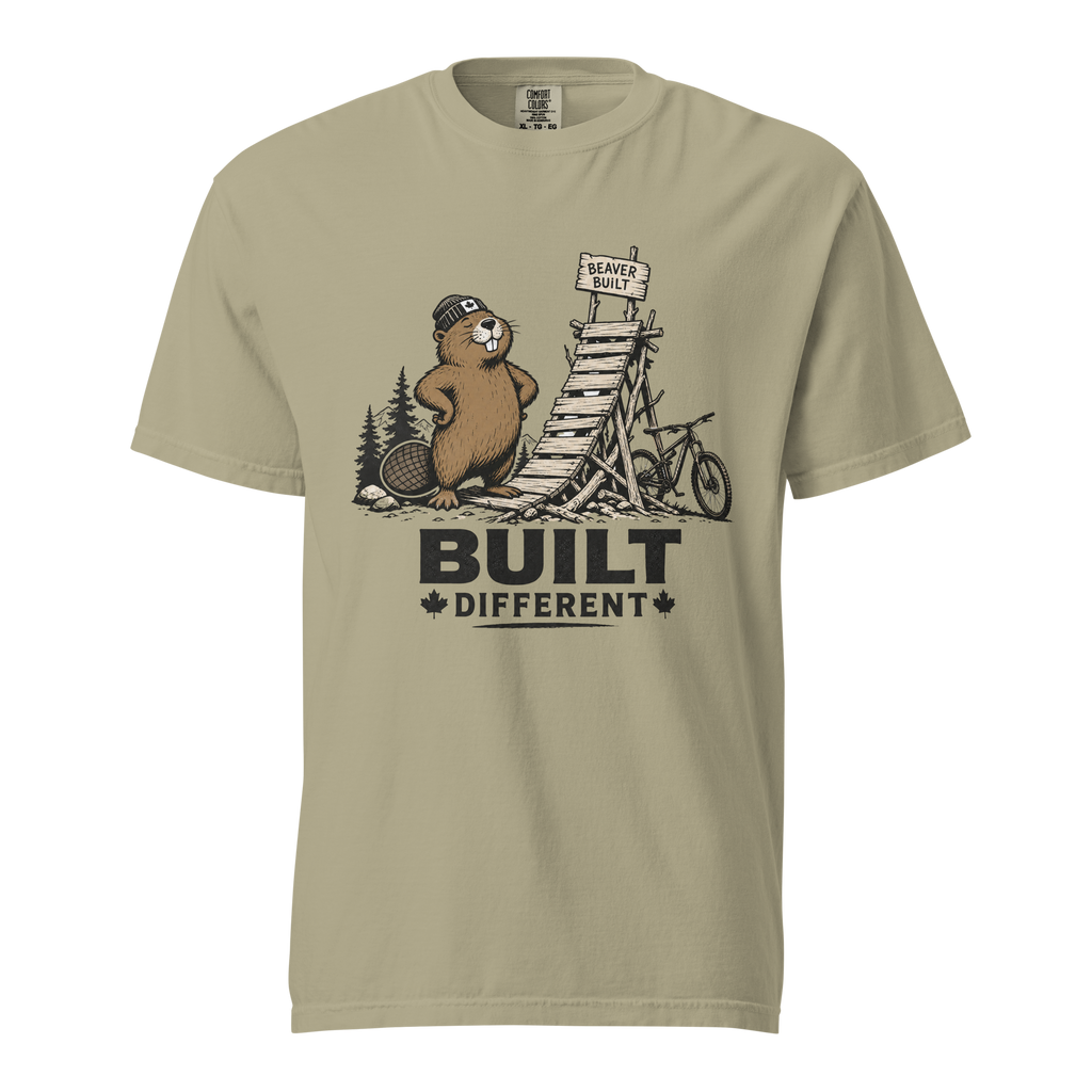 Khaki colored t-shirt with beaver graphic and 'Built Different' text.