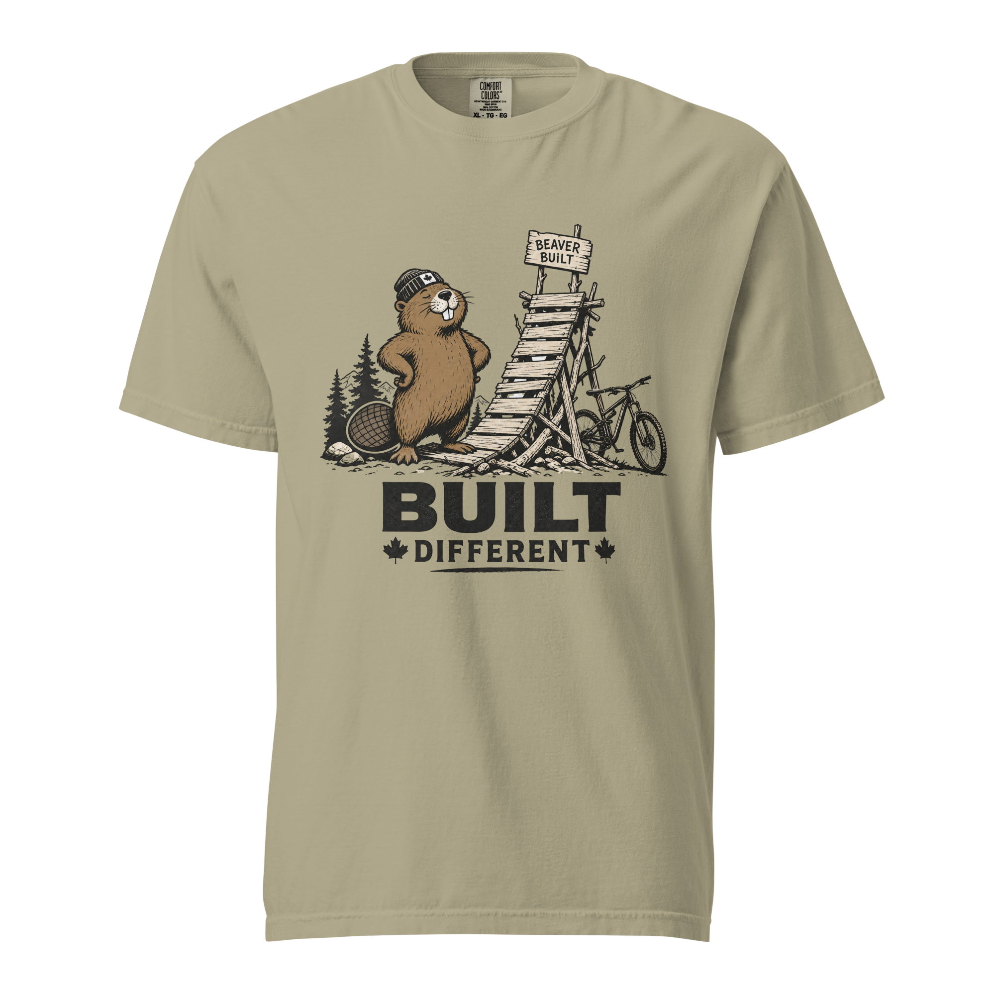 Khaki colored t-shirt with beaver graphic and 'Built Different' text.