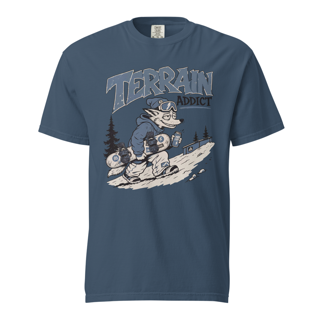 Midnight blue t-shirt with graphic design and 'Terrain Addict' text on a white background