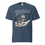 Midnight blue t-shirt with graphic design and 'Terrain Addict' text on a white background