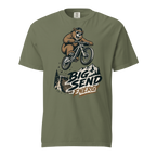 Moss green t-shirt with a bear riding a bike graphic and 'Big Send Energy' text on a white background