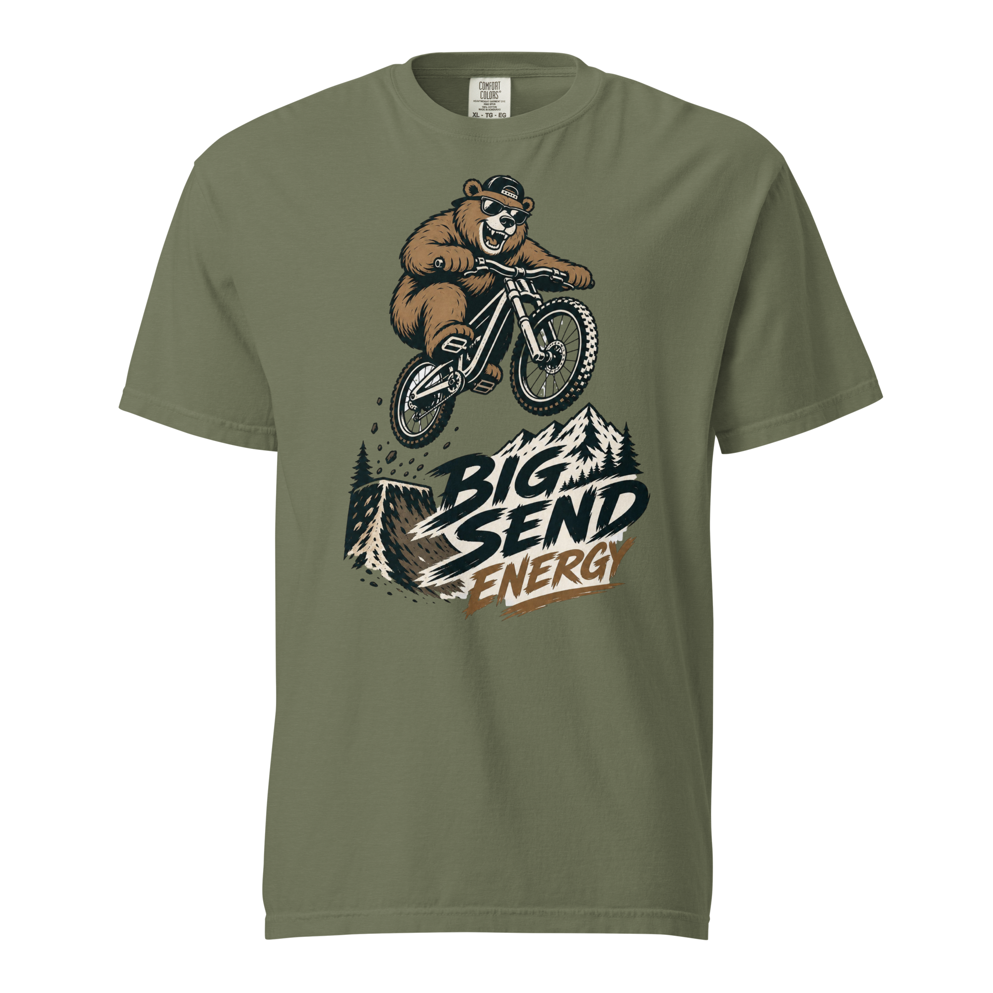 Moss green t-shirt with a bear riding a bike graphic and 'Big Send Energy' text on a white background
