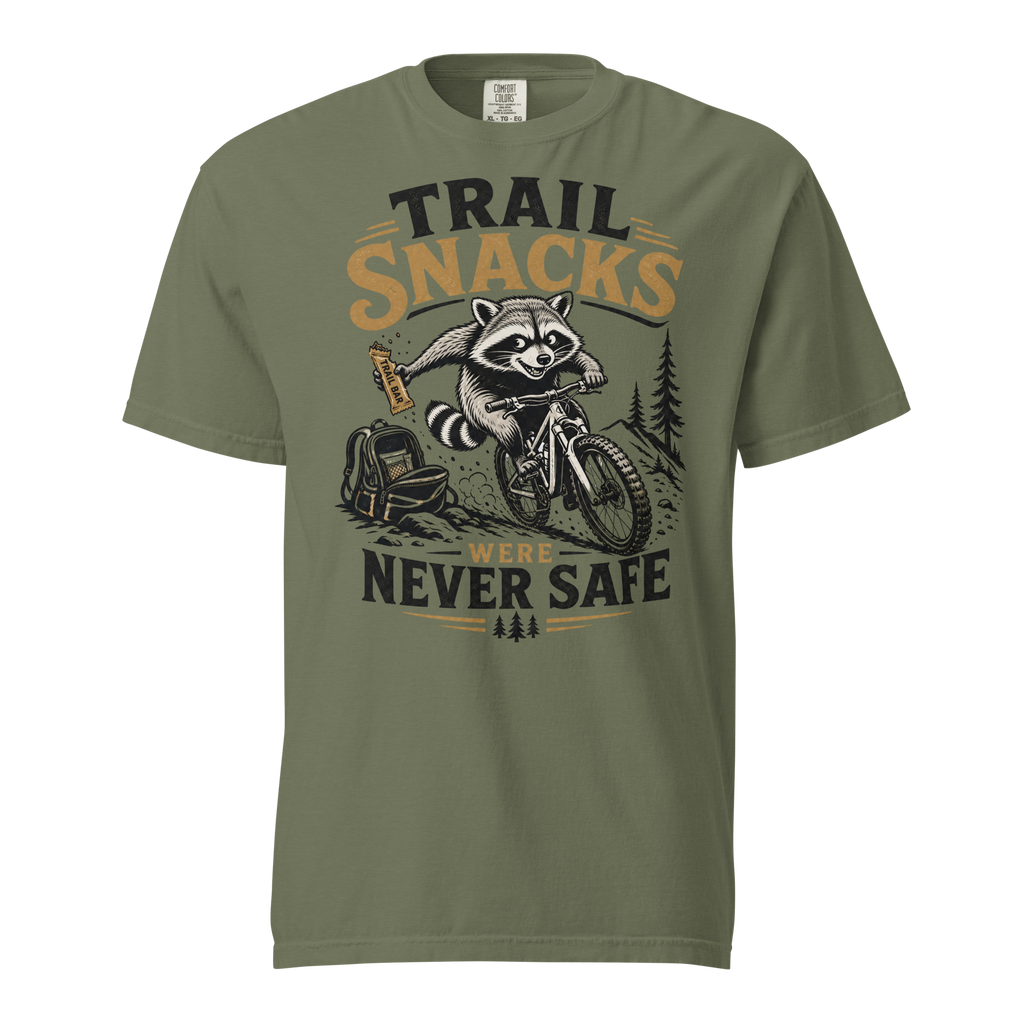 Moss green t-shirt with a raccoon graphic and text on a white background