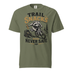 Moss green t-shirt with a raccoon graphic and text on a white background