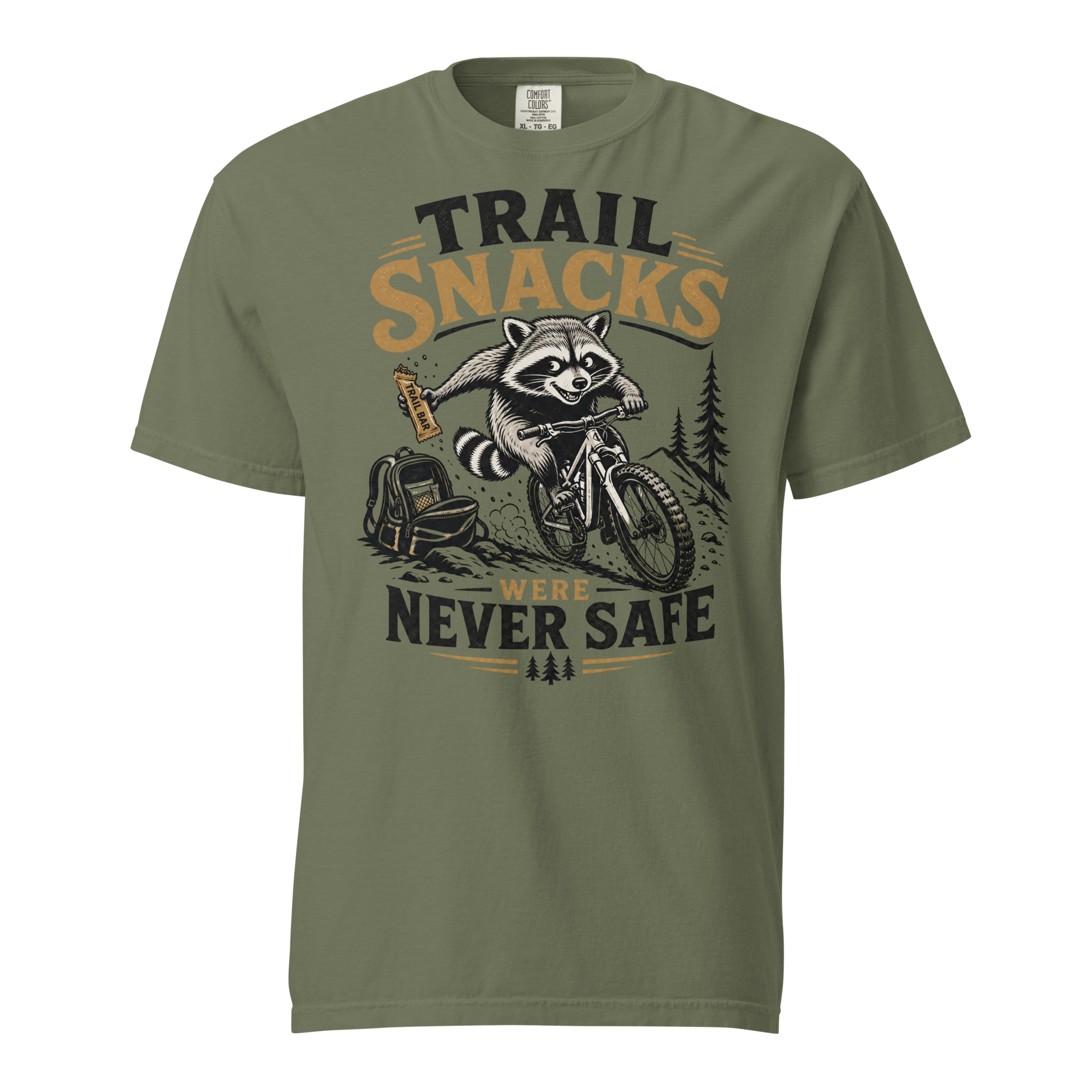 Moss green t-shirt with a raccoon graphic and text on a white background