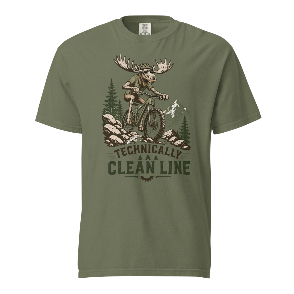 Moss green t-shirt with a moose riding a bike graphic and 'Technically a Clean Line' text.