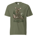 Moss green t-shirt with a moose riding a bike graphic and 'Technically a Clean Line' text.